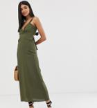 Asos Design Tall Knot Front Linen Maxi Dress With Tie Back-green