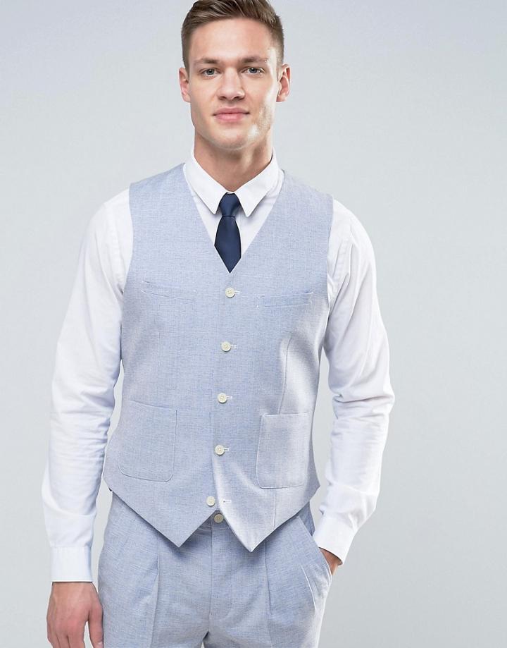 Asos Wedding Slim Suit Vest In Light Blue Crosshatch Texture With Floral Lining - Blue