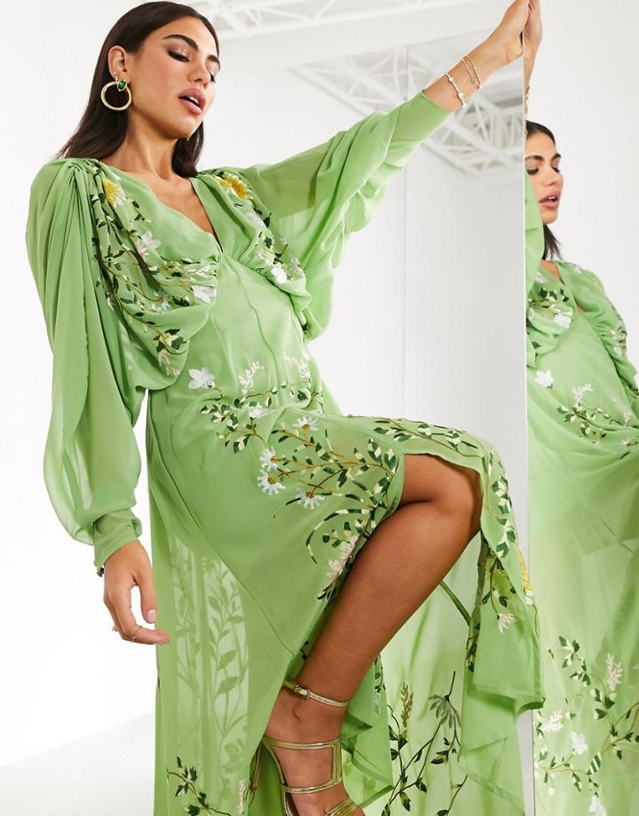 Asos Edition Embroidered Ruched Batwing Midi Dress In Green