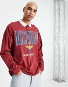 Asos Design Oversized Long Sleeve Polo T-shirt In Burgundy With Michigan Print-red
