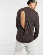 Asos Design Relaxed Fit Long Sleeve Viscose T-shirt With Back Detail In Beige-neutral