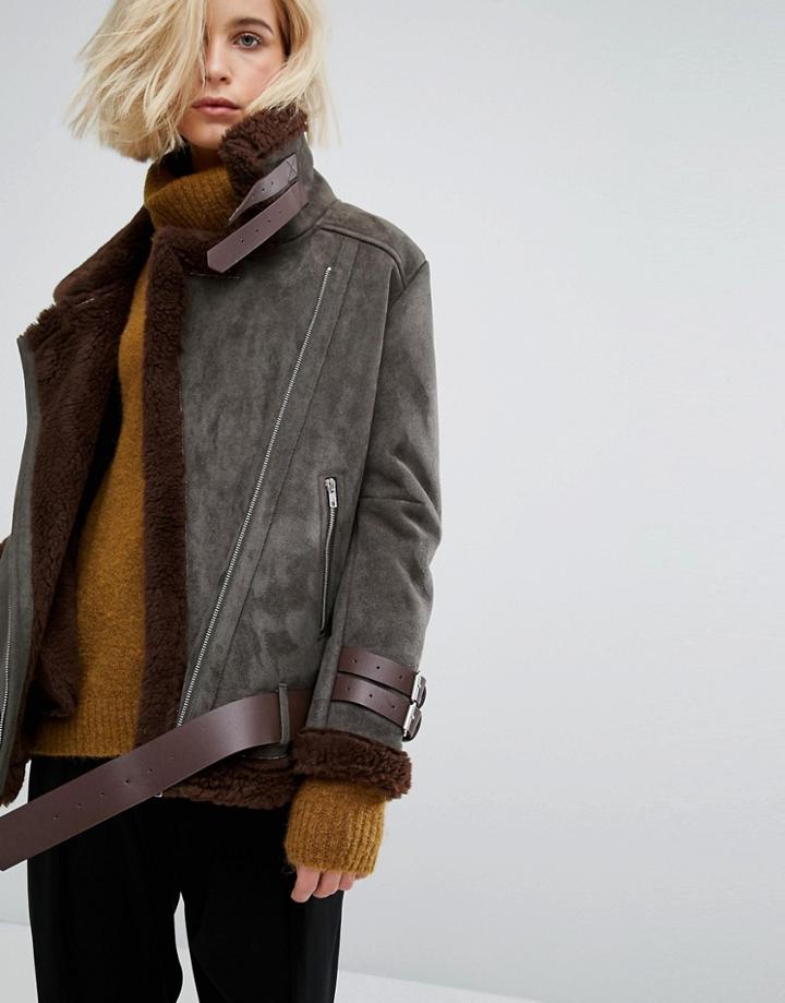 J.o.a Oversized Biker Jacket With Faux Shearling Lining - Green