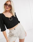 Brave Soul Sweetheart Neckline Broderie Anglais Crop Top In Black