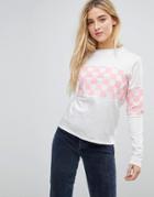 Daisy Street Long Sleeve Relaxed T-shirt In Checkerboard Print - White