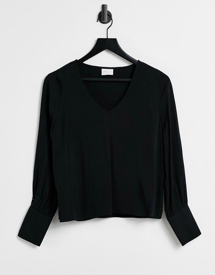 Vila V Neck Long Sleeve Top In Black