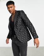 Twisted Tailor Suit Jacket In Black And White Jacquard With Satin Lapel