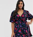 Simply Be Wrap Mini Dress With Puff Sleeve In Black Floral-multi