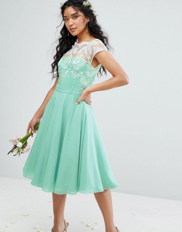 Chi Chi London Full Midi Dress With Metallic Embroidery - Green