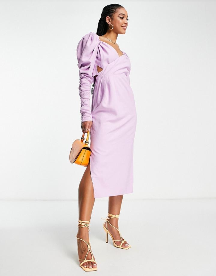 Asos Design Ruched Detail Midi Dress With Wrap Bodice In Lilac-purple