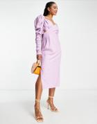 Asos Design Ruched Detail Midi Dress With Wrap Bodice In Lilac-purple