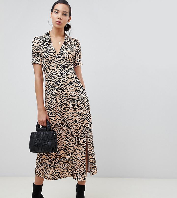 Asos Design Tall Animal Midi Tea Dress In Rib - Multi