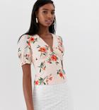 Fashion Union Tall Top With Ring Front Detail In Floral - Pink