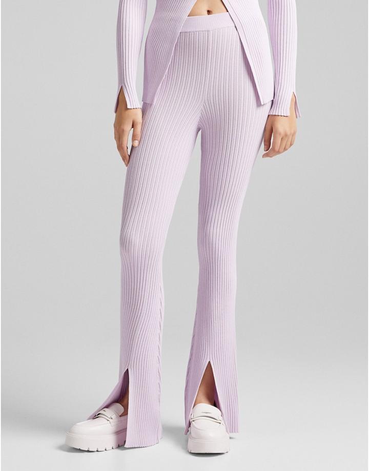 Bershka Knitted Rib Detail Pants With Split Detail In Lilac-purple
