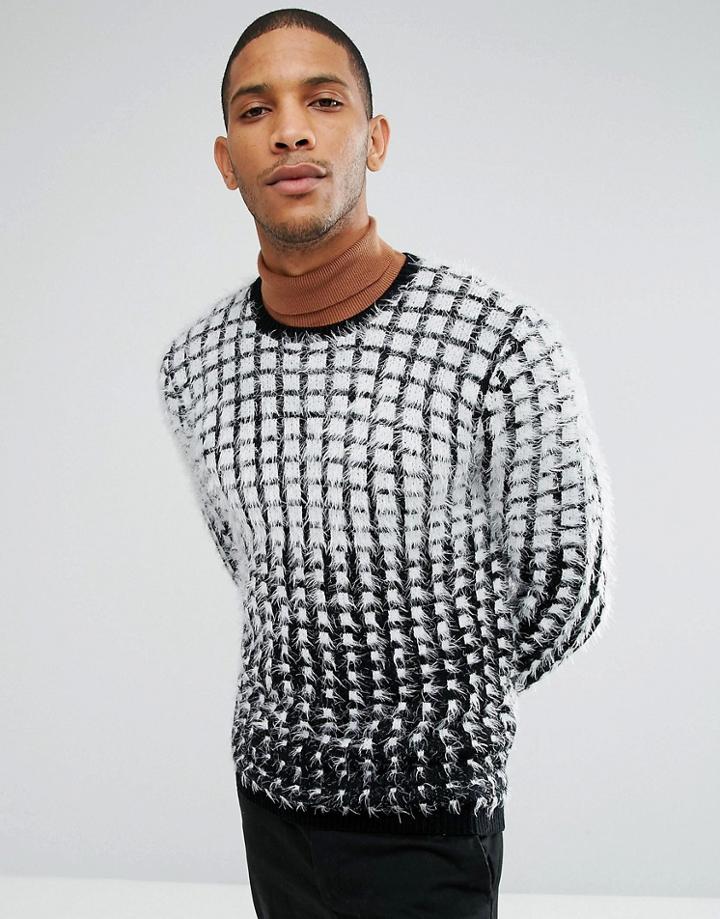 Asos Fluffy Check Monochrome Sweater - Black