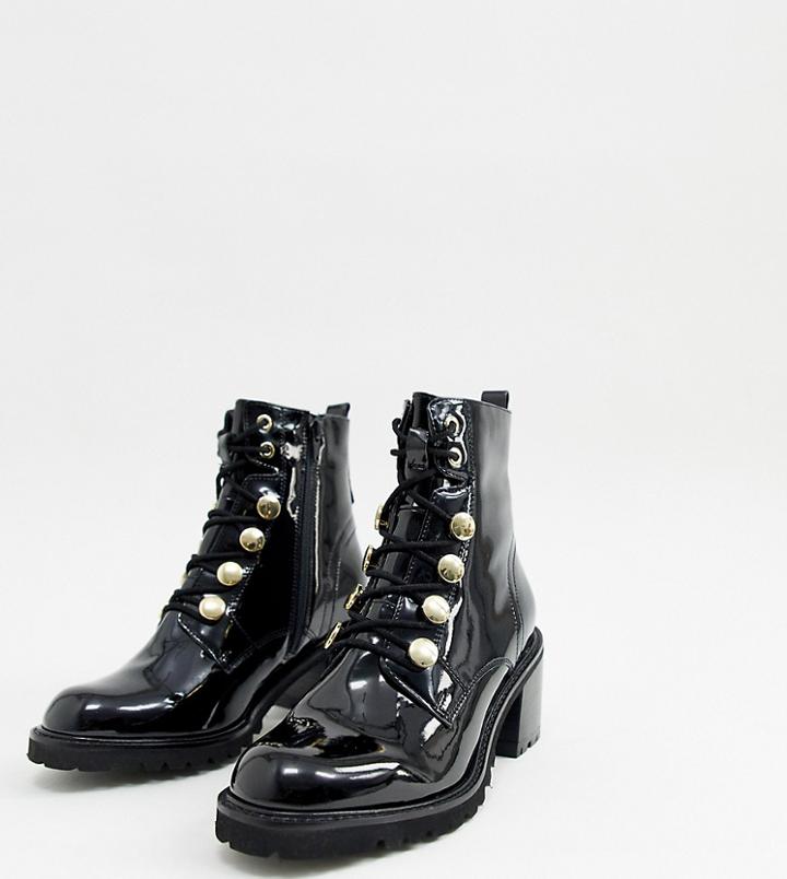 River Island Heeled Patent Military Boots In Black - Black