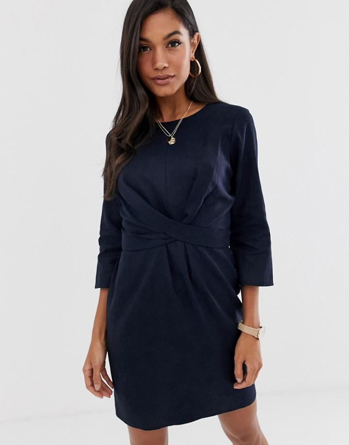 Asos Design Tie Wrap Around Mini Dress In Linen - Navy