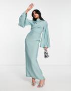 Asos Design High Neck Maxi Dress With Wrap Waist And Fluted Sleeves In Dusky Blue