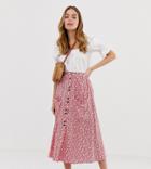 Asos Design Petite Button Front Midi Skirt With Pockets In Red Floral Print - Multi