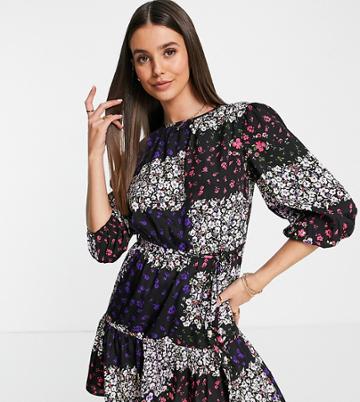 Violet Romance Tall Tie Waist Mini Dress In Patchwork Floral Print-multi