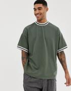 Asos Design Organic Oversized T-shirt With Contrast Tipping In Pique In Khaki - Green