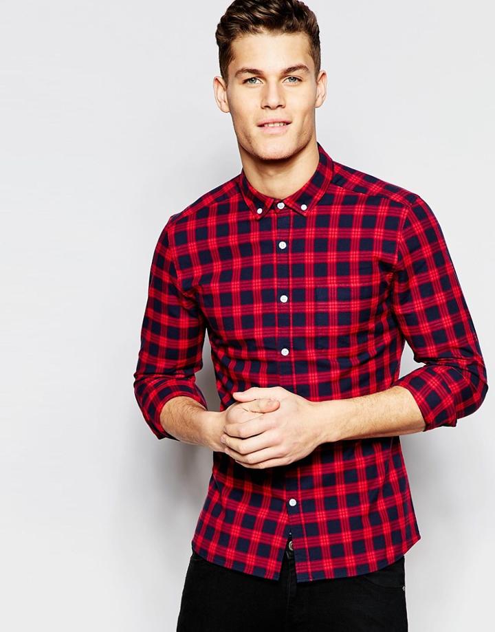 Asos Skinny Shirt With Grid Check In Red And Long Sleeve - Red