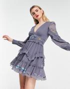 Asos Design Ruffle Front Mini Tea Dress With Placement Embroidery-gray