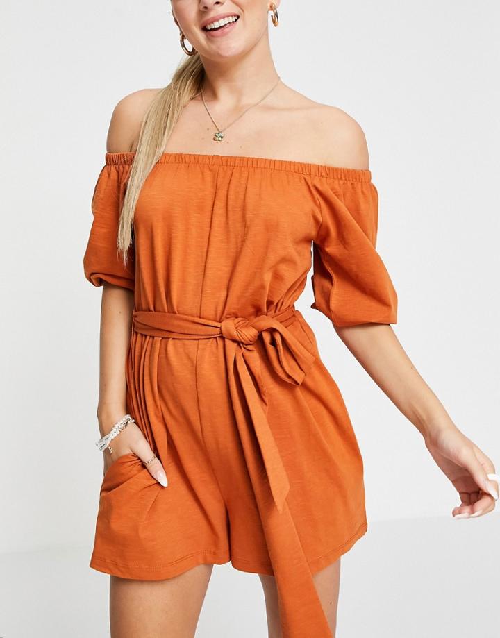 Asos Design Off Shoulder Tie Waist Romper In Rust-brown