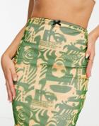 Daisy Street 90s Midi Skirt With Bow Waist In Green Face Print Mesh