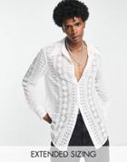 Asos Design Lace Shirt With 70s Collar And Curved Hem In White - White
