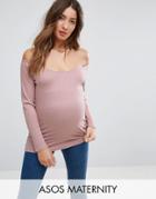 Asos Maternity Off Shoulder V Front Top In Rib - Pink