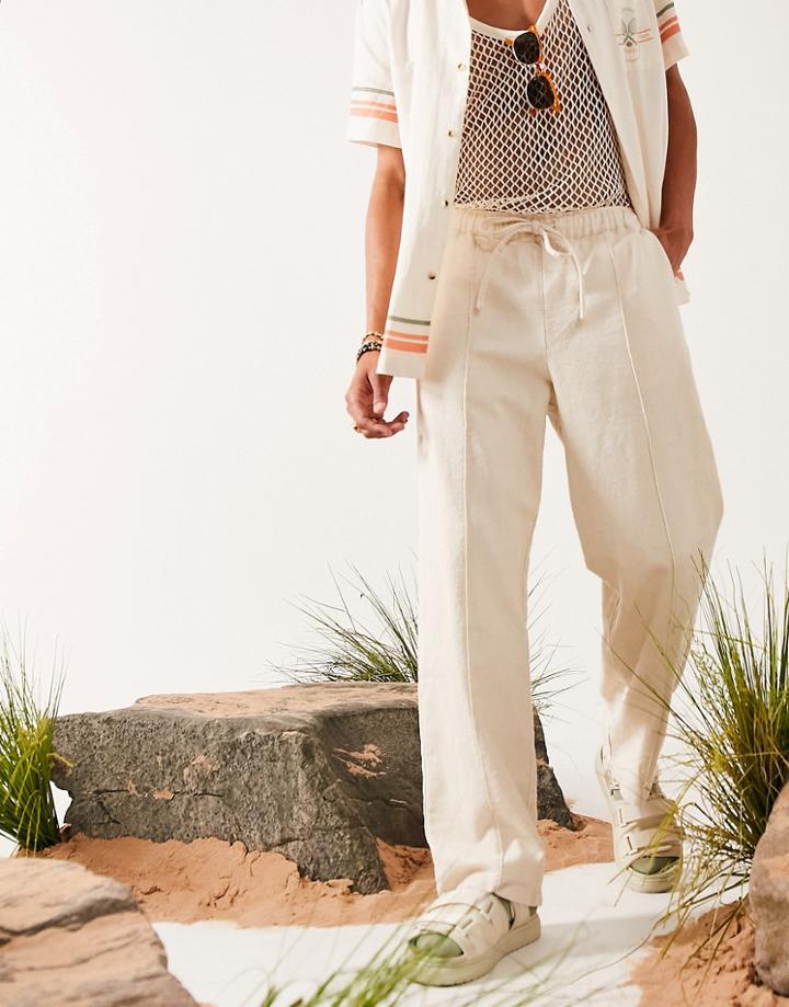 Asos Design Linen Mix Wide Leg Pants With Pin Tuck-neutral