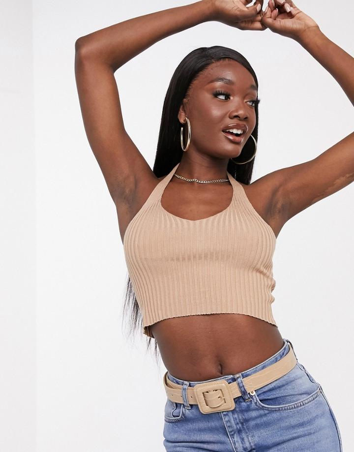 Love & Other Things Knitted Cropped Cami In Camel-neutral