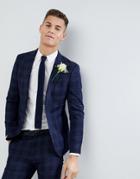 Moss London Skinny Wedding Suit Jacket In Navy Check - Navy