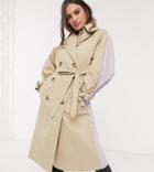 Asos Design Petite Color Block Tie Sleeve Trench Coat In Stone-neutral