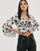 Parallel Lines Ruched Front Blouse With Volume Sleeve In Abstract Print - Multi