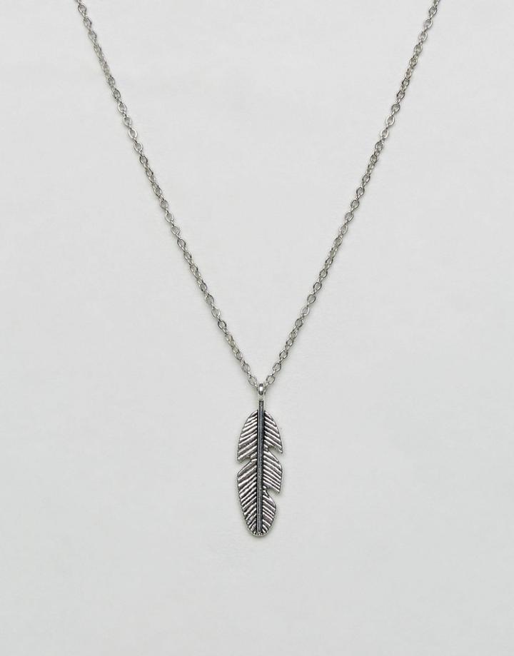 Reclaimed Vintage Inspired Necklace With Feather Pendant - Silver