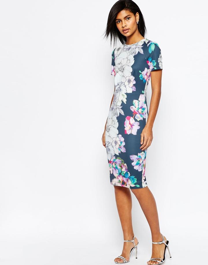 Asos Floral T-shirt Scuba Bodycon Midi Dress - Navy