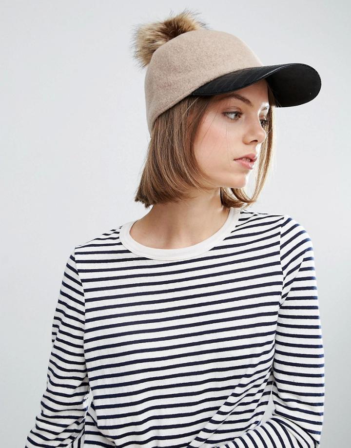 7x Wool Mix Baseball Cap With Removeable Faux Fur Pom Pom - Beige