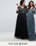 Maya Plus Plunge Front Long Sleeve Maxi Dress In Tonal Delicate Sequin And Tulle Skirt - Black