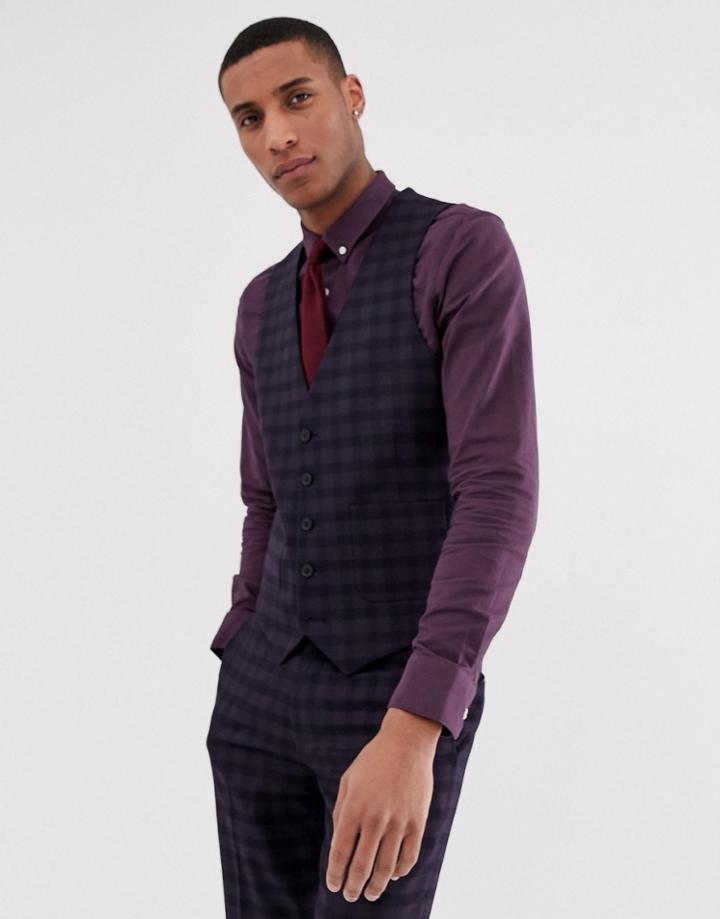 Farah Hurstleigh Skinny Fit Check Vest In Burgundy - Red