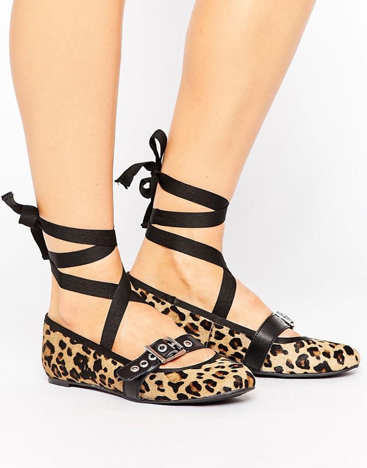 Park Lane Leopard Leather Strap Ballerina - Brown