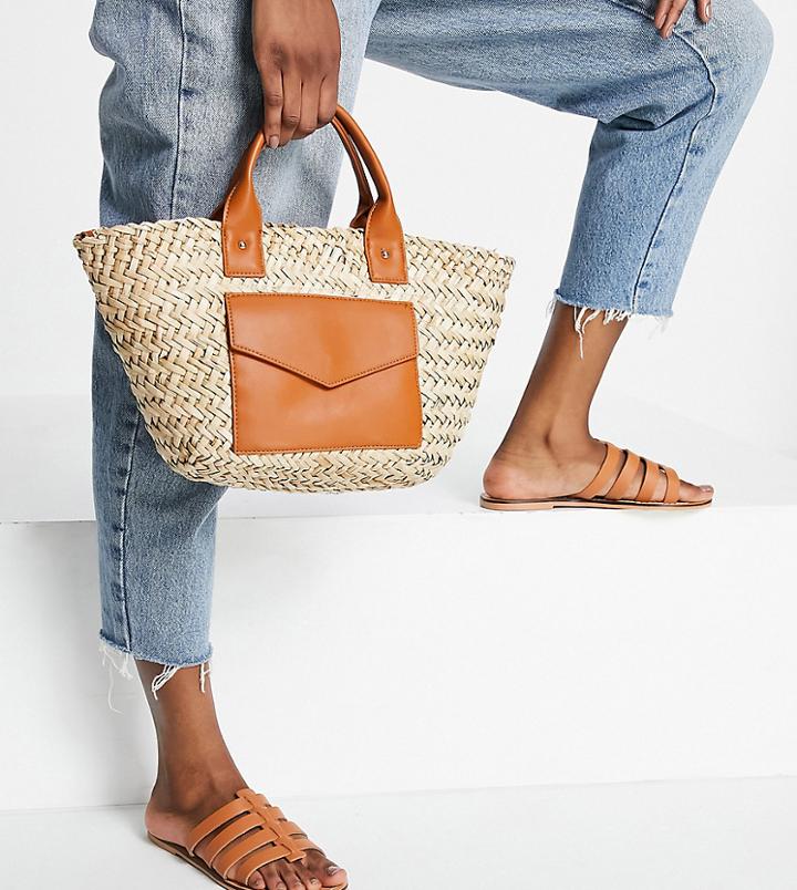 Asos Design Wide Fit Figured Leather Fisherman Mules In Tan-brown