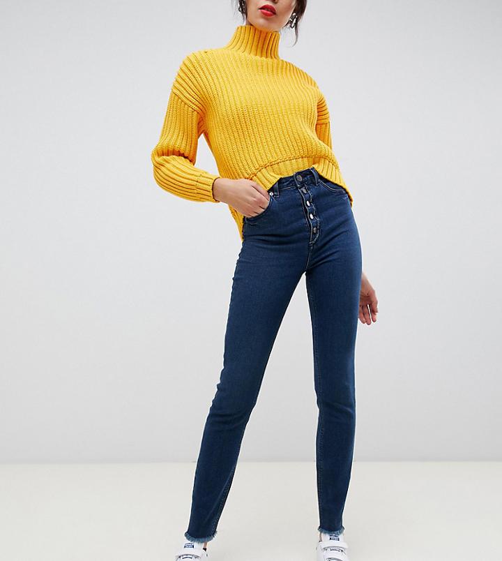 Asos Design Tall Farleigh High Waist Slim Mom Jeans In Dark London Blue Wash With Exposed Button Fly - Blue