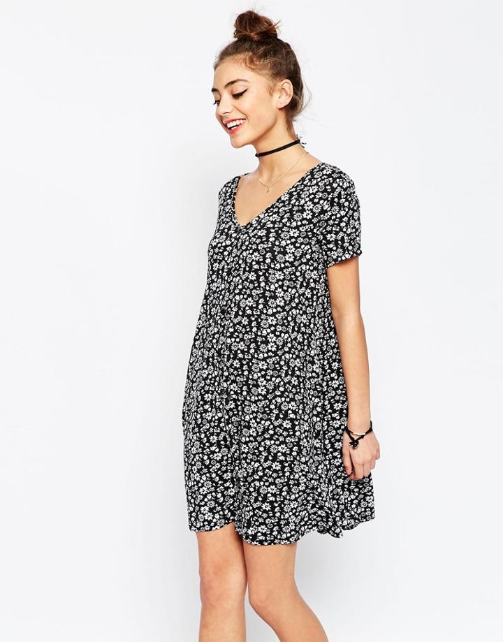Asos Swing Dress With Button Front In Mono Floral - Mono