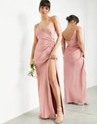 Asos Edition Satin Cami Maxi Dress With Drape Detail In Dusky Rose-pink