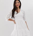 Parisian Petite Wrap Front White Dress In Broderie Anglaise - White