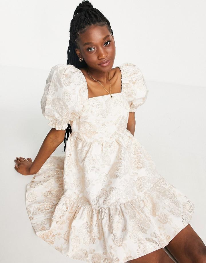 Miss Selfridge Jacquard Puff Sleeve Smock Dress In Gold
