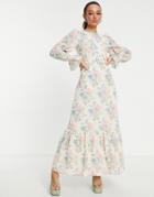 Asos Design Belted Maxi Dress With Pephem With Floral Broderie-multi