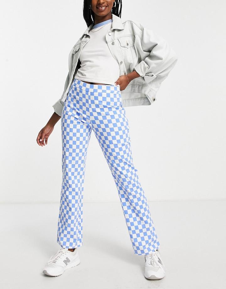 Pieces Flared Pants In Pastel Blue Plaid
