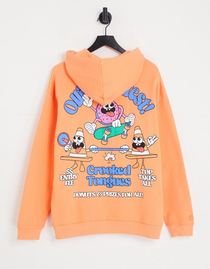 Crooked Tongues Oversized Hoodie With Skateboard Ollie Contest Back Graphic Print In Orange